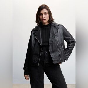 Mango 1X Real Black Leather Biker Jacket NWT